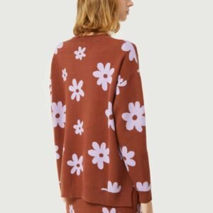 Jersey de punto jacquard estampado flores marrón
