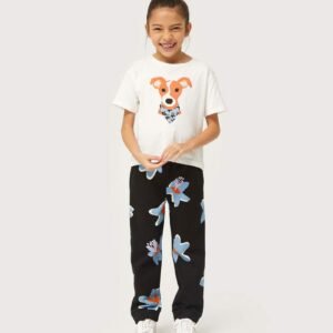 Camiseta de niña con print de perro estampado floral Calatea azul
