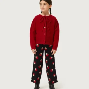Pantalón de niña de punto jacquard estampado de setas negro